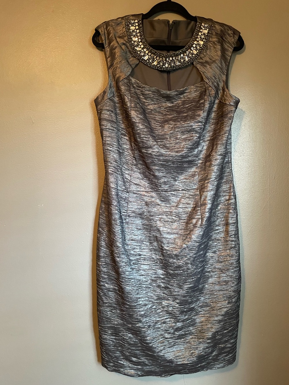 New Eliza J Sz 14 Grey Embellished Gem Crushed Tafetta Sheath Midi Dress Rt $188